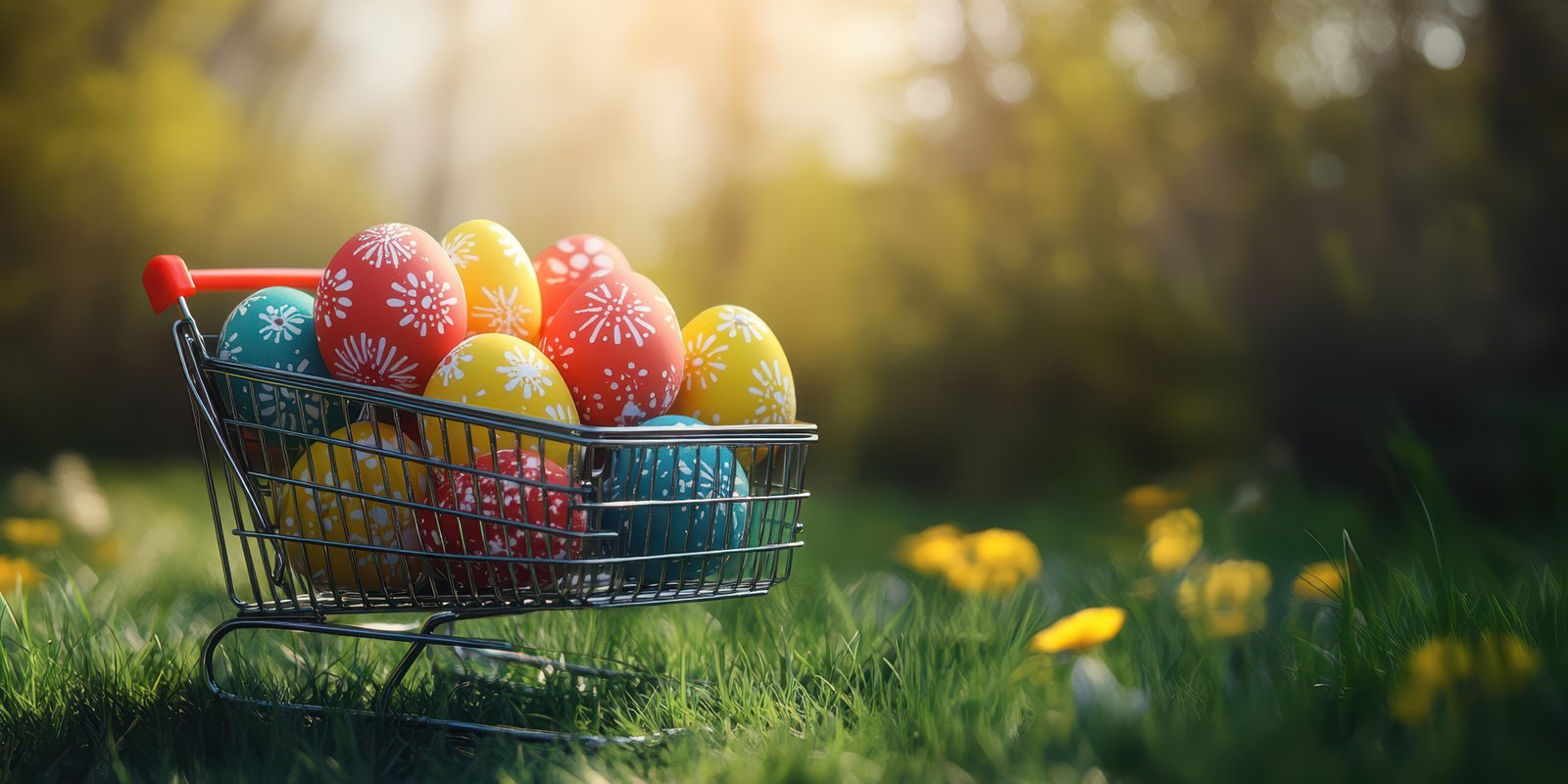 Colorful decorated eggs in a shopping cart on grass during springtime with sunlight filtering through trees